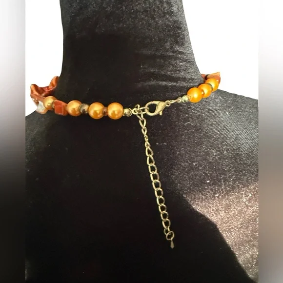 VINTAGE 80s Orange Coral Chip Glass Beads and Pearl Choker Necklace 20” RARE - Picture 2 of 5